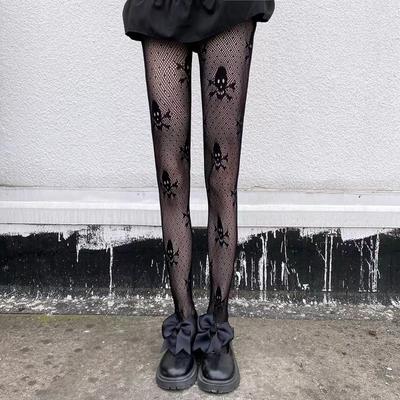 1pc of Dark Black JK Socks with Skull Pattern Mesh Red and Black Stockings, Thin Bottomed Stockings, Hollowed Out Jacquard Me