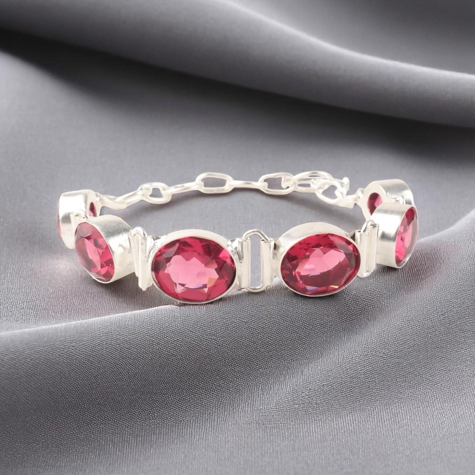 

Драгоценный камень Розовый Турмалин Ювелирные изделия из серебра 925 пробы Ручной работы Цепочный браслет 8 RB-4-1