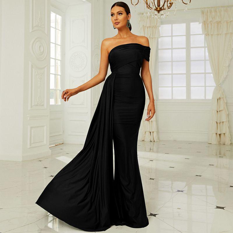 

European and American Style Elegant Off-The-Shoulder Sexy Long Evening Dress with Straps, Bodycon, Suitable for Bridesmaids and Tall Individuals Black M