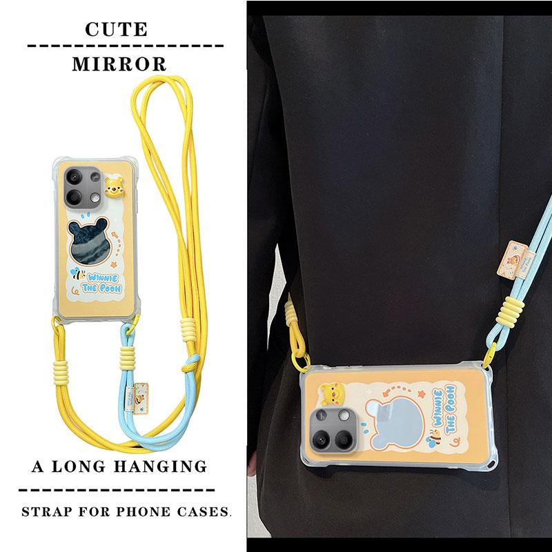 KEYSION Crossbody Strap Phone Case for Redmi Note 13 Pro 4G 5G Cute Cartoon Long Lanyard Mirror Shockproof Cover for POCO X6 M6 Pro 4G