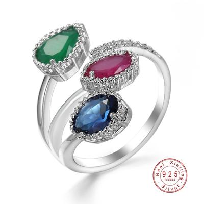 Classic  Sterling Silver High Quality Clear Blue Sparking CZ Geometric Stackable Opening Rings for Women Wedding  Gift