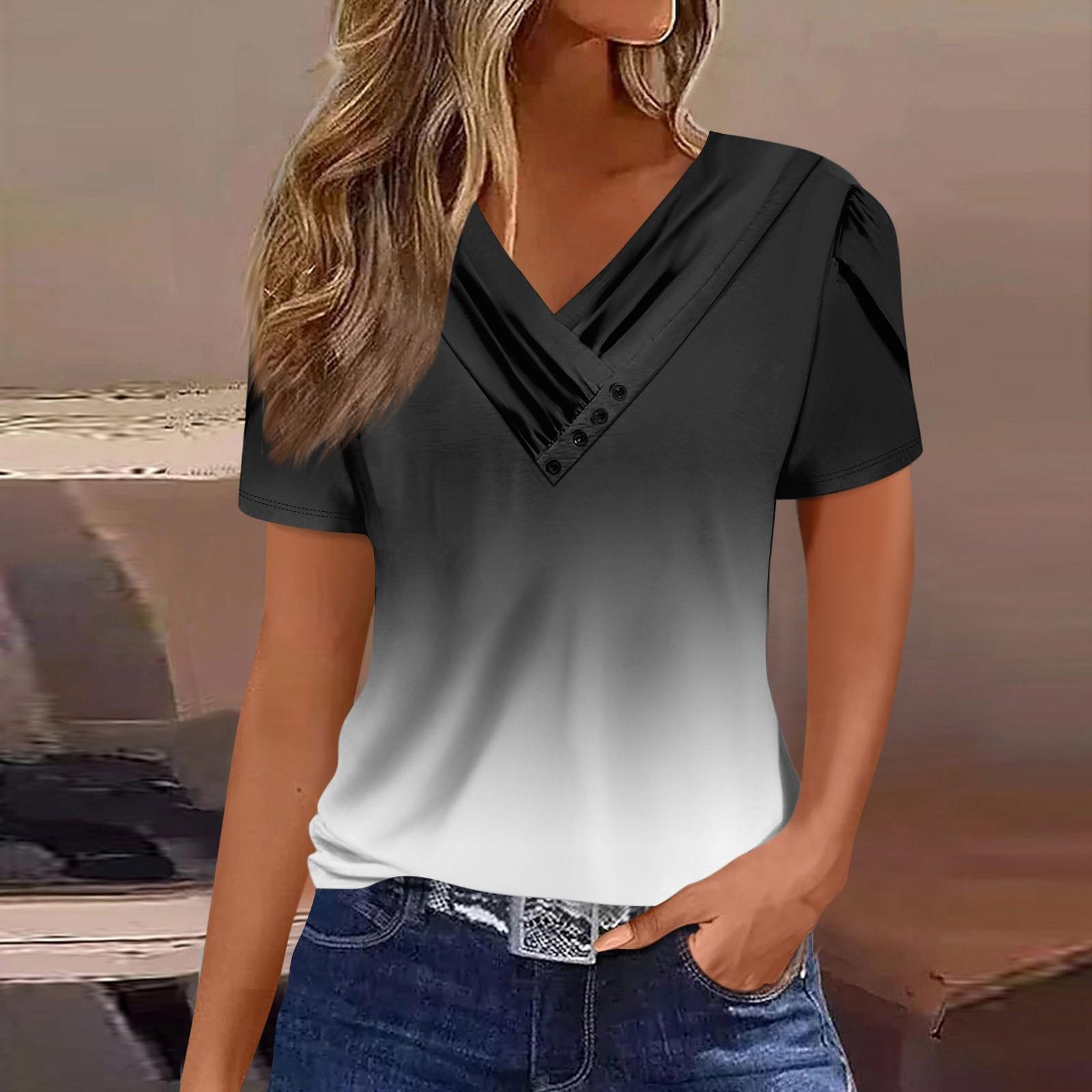 

Женская футболка, повседневная футболка с v-образным вырезом и короткими рукавами, топ на пуговицах с принтом L чёрный