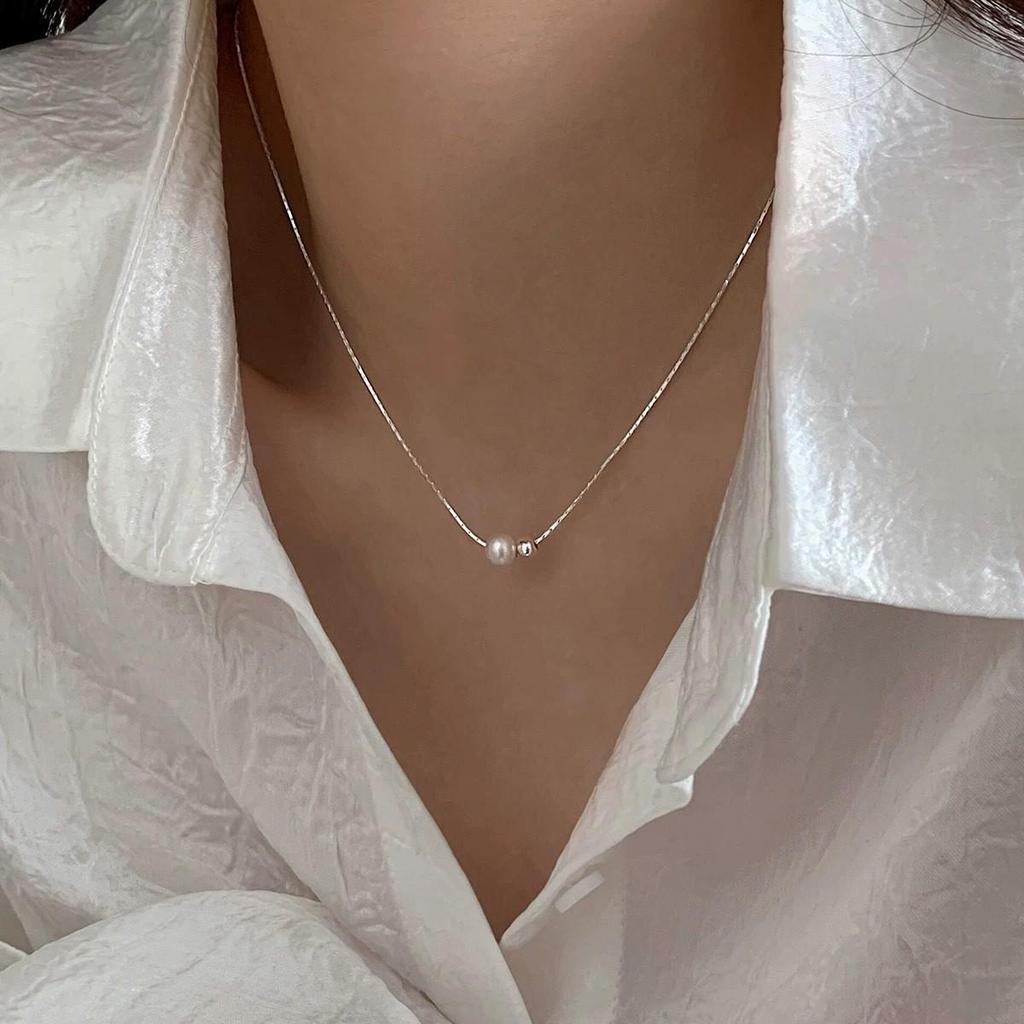 Minimalistische Süßwasserperlen- und Silberkette für Damen - Elegante Schlüsselbein-Kette