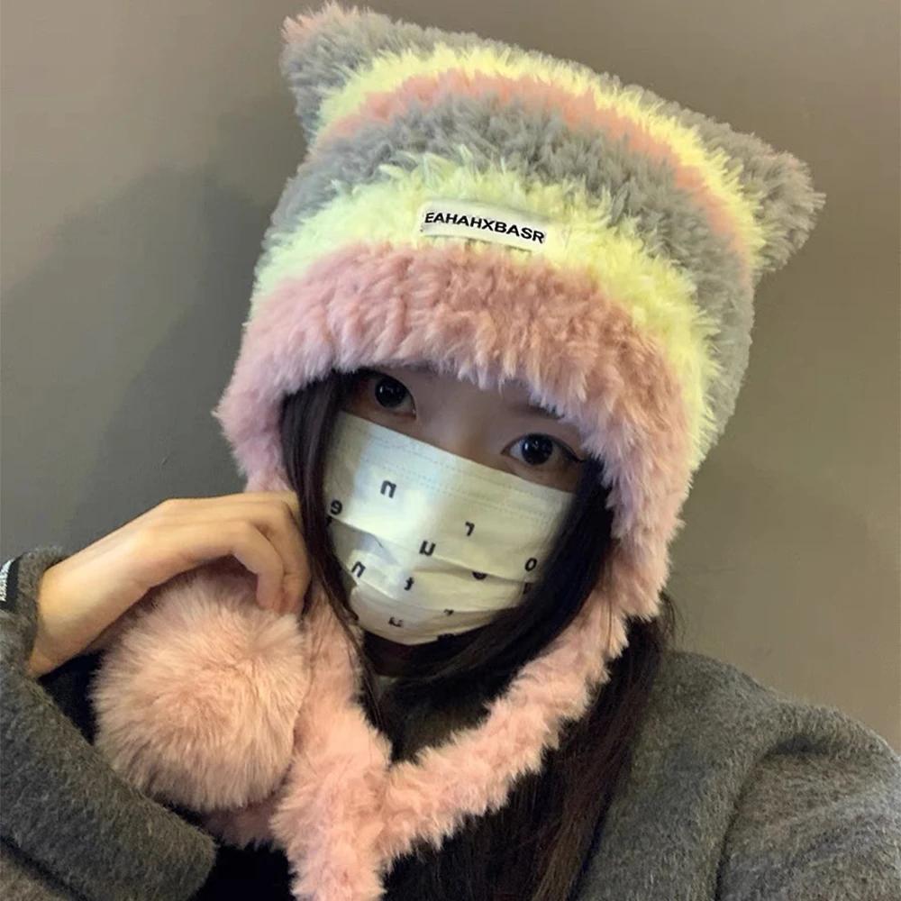 Handmade Japan Designer Pentagram Wool Beanie Hat Ladies Autumn Spring Warm Cat Ear Knit Stripe Beanie Cap with Pompom