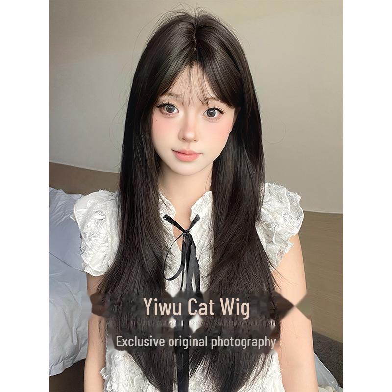 Logical Cat Women's Long Straight Hair Wig with Air Bangs - Natural Full Head Celebrity Style