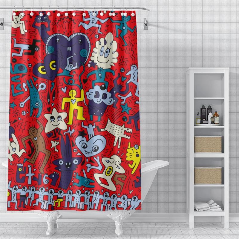 Jessica Chen Colorful Graffiti Shower Curtain Washable Dirt-Resistant Shower Head Waterproof Polyester Bath Curtain For Home Decor