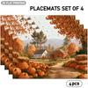 4pcs or 6pcs Autumn-Themed Placemats Suitable for Indoor/Outdoor Fall Table Decor with Pumpkin, Haystack, Maple & Country Cottage Patterns - Rustic Fa