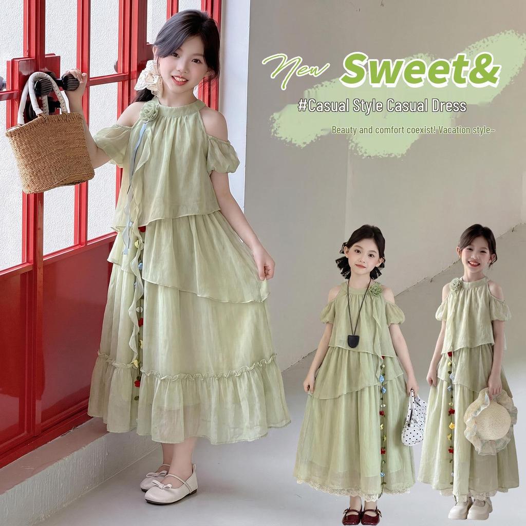 Girls' 2026 Summer Mori-Style Off-Shoulder Halter Neck Lace Beach Dress