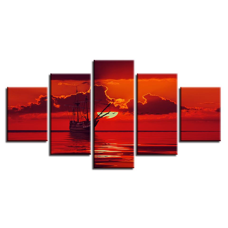 Декор Гостиной Настенное Искусство Рамка HD Печать 5 Штук Корабль Облако И Красное Небо Солнце Морской Пейзаж Модульные Холсты Картины Постер Изображение Без Рамки 20x35cm*2  20x45cm*2  20x55cm*1 No Frame
