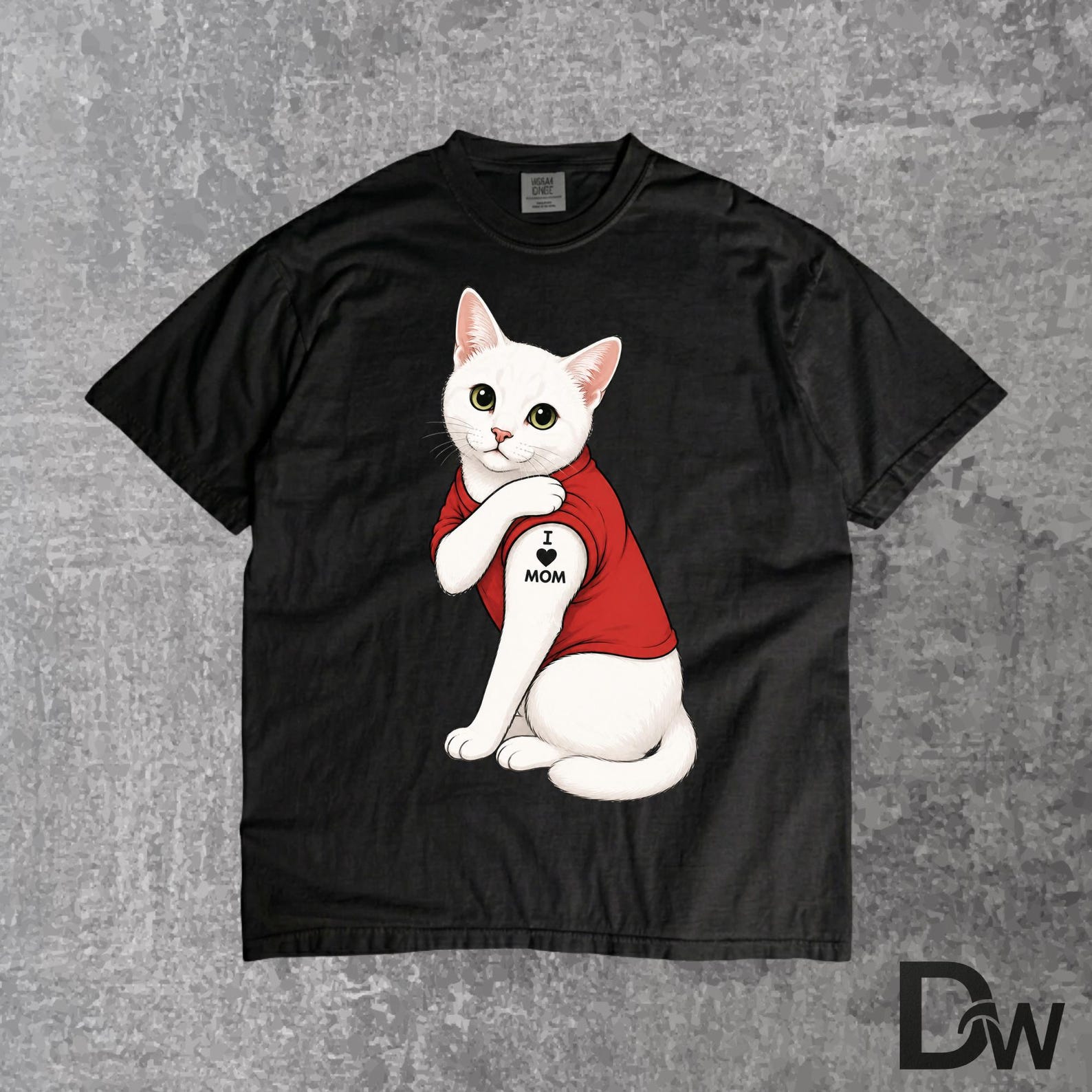 I Love Mom Cat T Shirt, Cute Cat Mom Graphic Tee, Funny Tattoo Cat Shirt, Adorable White Kitty Tee, Cat Lover Gift Shirt M