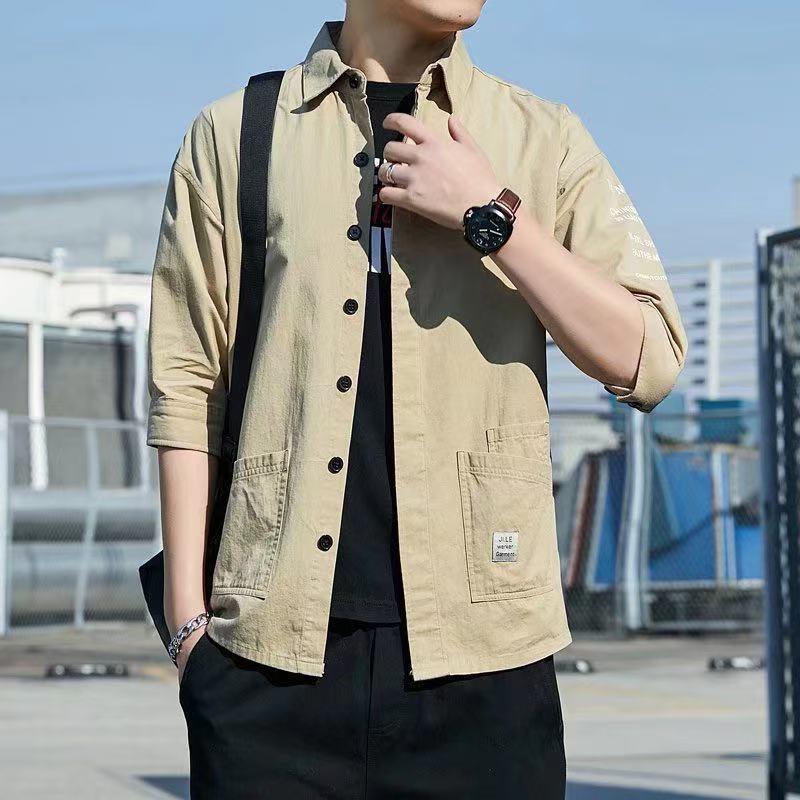 Men's Summer Loose Three-Quarter Sleeve Shirt, Hong Kong & Japanese Style Casual Jacket