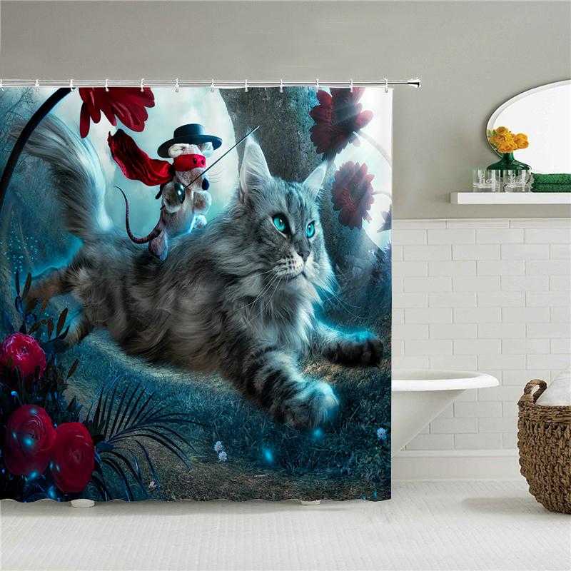 Cat Shower Curtains Bathroom Shower Curtain Cute 3D Fabric Shower Curtain With Hooks Funny Waterproof Shower Curtain Or Mat