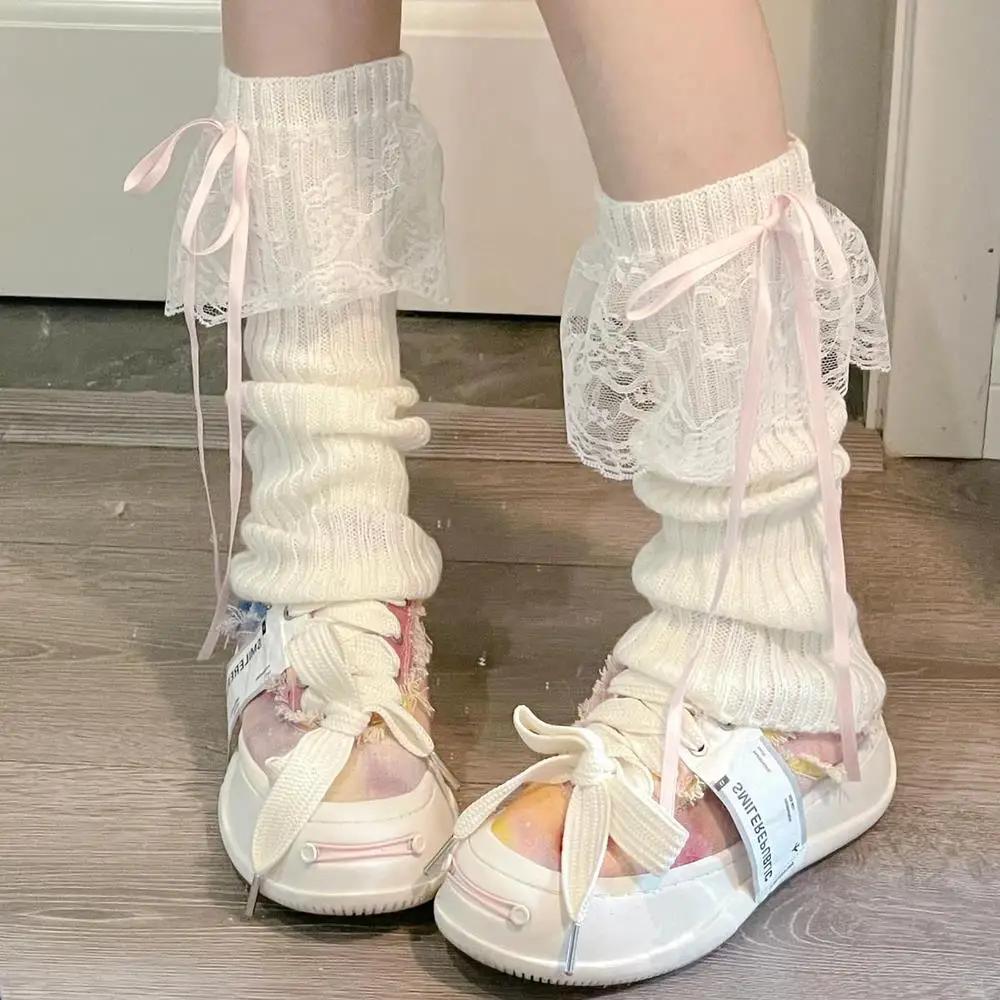 Y2K Japanese Lolita Girls Lace Bow Leg Warmer Women Knitted Warm Foot Cover Black White Knee Warmers Long Socks Jk Crochet Socks