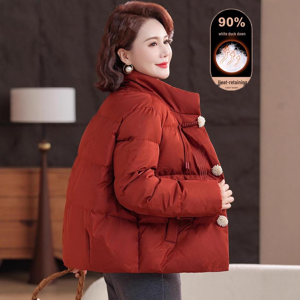 Petite Mother-in-Law Red Winter Down Jacket: Warm, Thickened Coat for Middle-Aged and Elderly Women