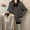 Women's Half-Zip Polo Collar Striped Sweatshirt - Autumn/Winter, Plus Velvet, Korean-Style, Versatile, Loose Fit, Retro Chic, Hong Kong Style.