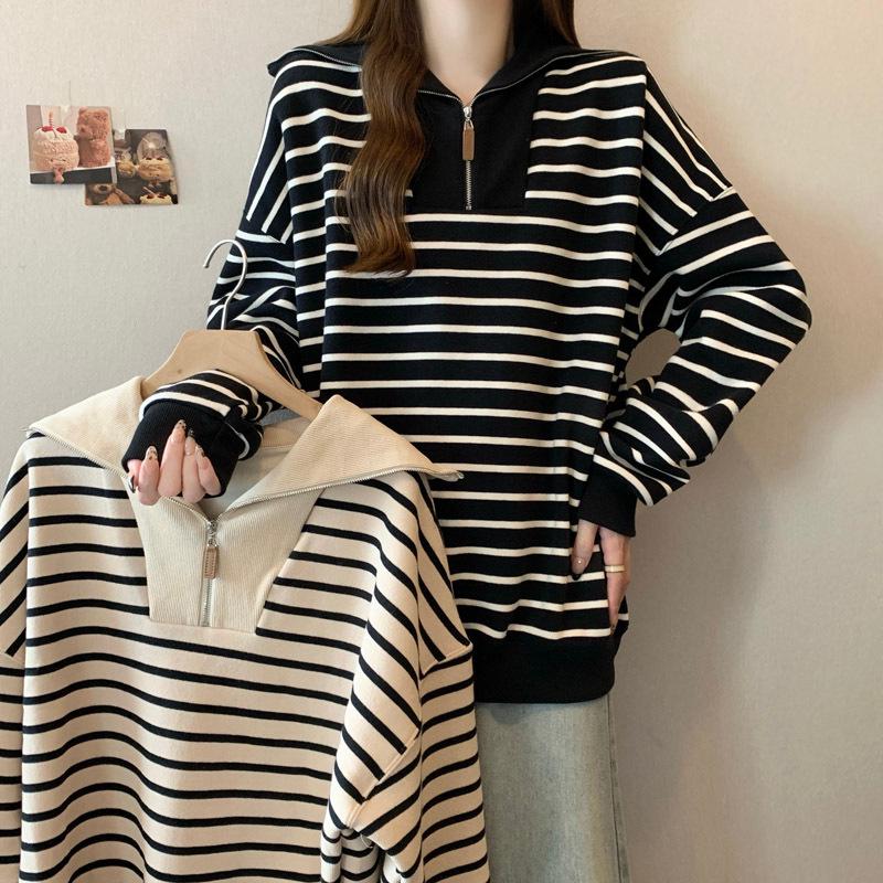 Women's Half-Zip Polo Collar Striped Sweatshirt - Autumn/Winter, Plus Velvet, Korean-Style, Versatile, Loose Fit, Retro Chic, Hong Kong Style.