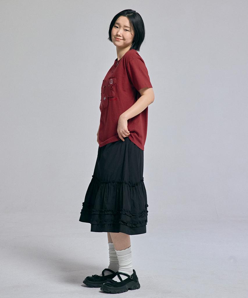 AWESOME STUDIO Flower Patchwork Short Sleeve T-Shirt Wine