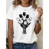 Women's Black White Tulip Bouquet Print T-Shirt - Short Sleeve Blouse Suitable for Art Exhibitions, Dates Daily Wear