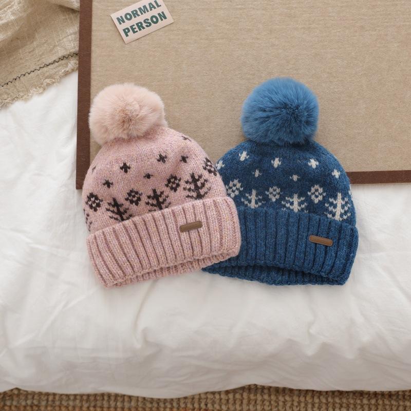 Japanese Style Retro Rabbit Fur Ball Pullover Hat  Women's Large Head Girdle  Warm Woolen Knitted Hat  Ear Protecting Cold Hat