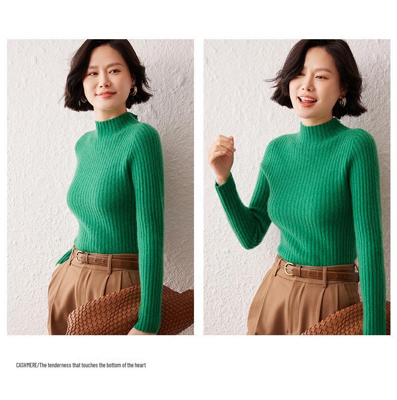 Women's Striped Cashmere Sweater - Autumn/Winter, Half-High Neck, Slim-Fit, Knitted Base Layer