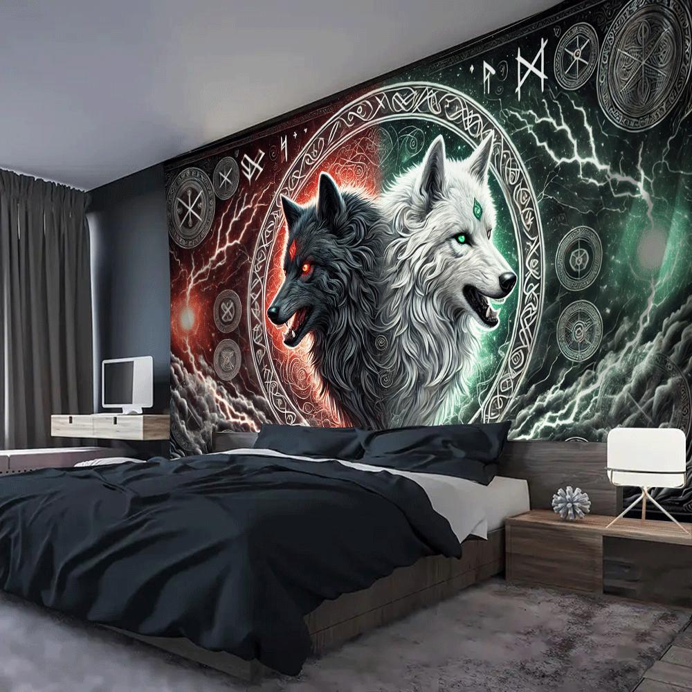 1Pc Twin Wolves Tapestry Wall Hanging, Decorative Fabric Poster for Bedroom, Living Room, Dorm & Home Decor
