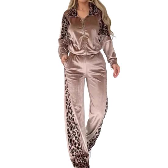 Yousheng Women's Velvet Tracksuits Leopard Print Two-Piece Lounge Outfit Zip Up Sweatshirt And Sweatpants with Pockets