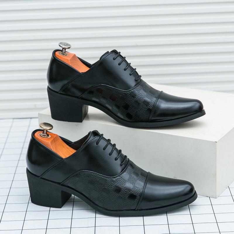 Men's Retro Leather High-Heeled Formal Shoes - Size 46, Pointed Toe, Low-Top, with Height Boost for Business or Wedding