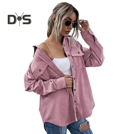 Spring Fall Coat with Chest Pockets Button-down Turn-down Collar Solid Color Corduroy Jacket Loose Casual Outerwear for Travel Work