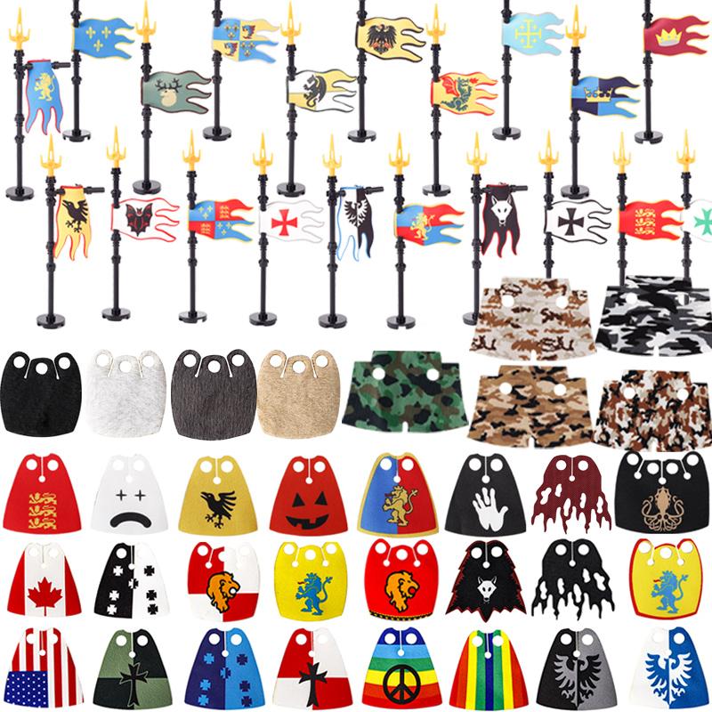 Medieval Army Empire Flag and Flagpole Set - Knight Building Blocks with Cloak and Weapon Bricks