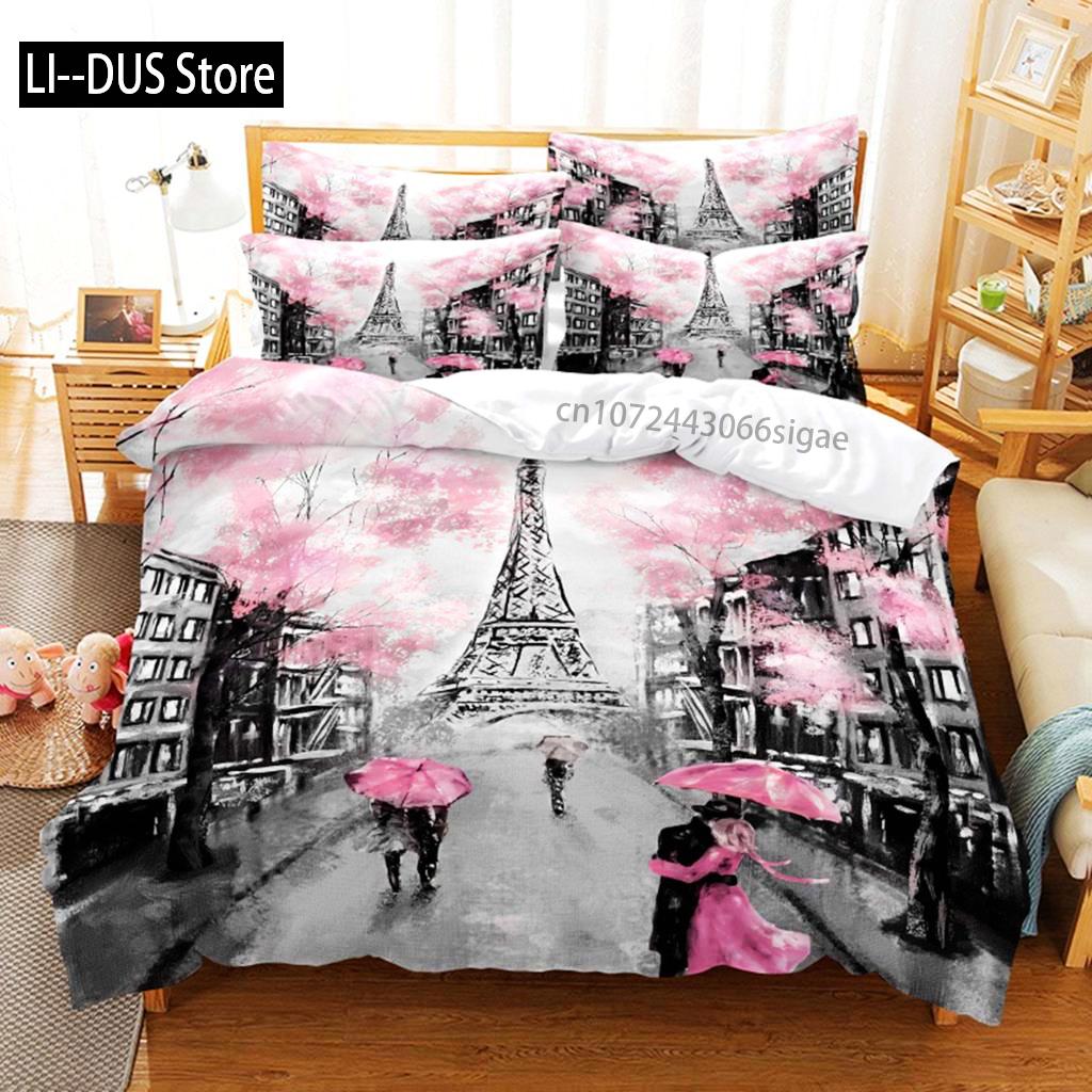 

Duvet Cover Eiffel Tower Romantic Couple Flower King Comforter Cover Microfiber France Paris Cityscape Bedding Set For Teen EU Single(135*200cm)3pcs