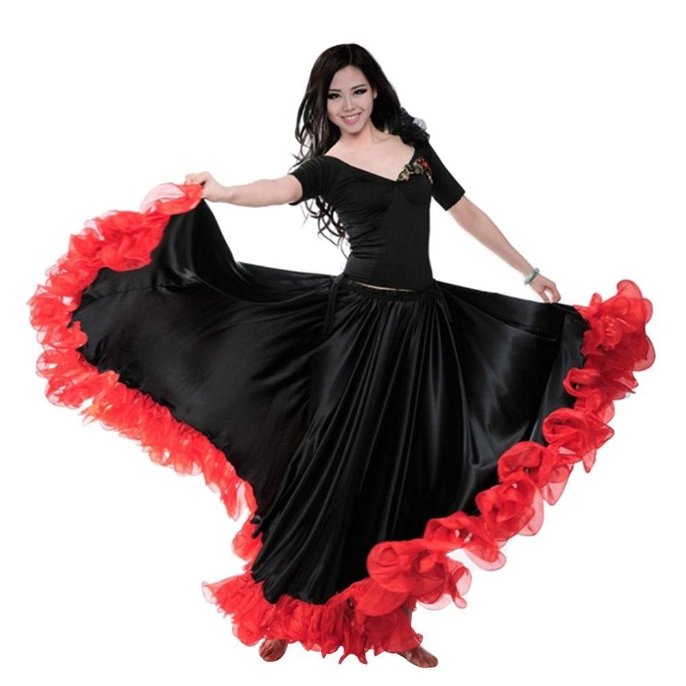 Modischer glatter spanischer Flamenco-Rock Polyester Großer Schwung Bauchtanz Kostüme Party Tanzsaal Tanz Zigeunerin Damenrock Damen