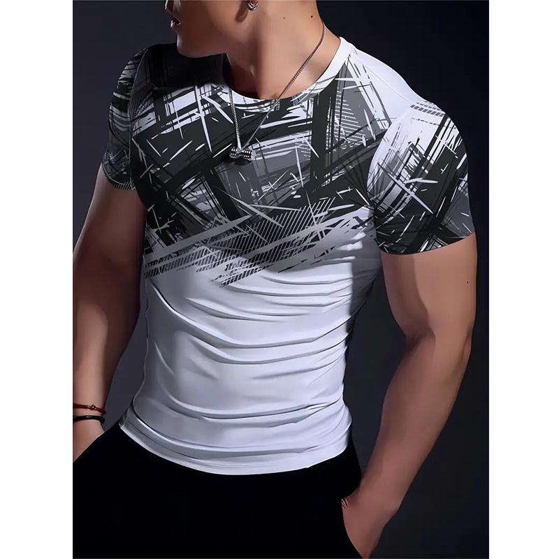 Men's Gradient Striped 3D Printed T-shirt Summer Casual Short Sleeved Top T-shirt