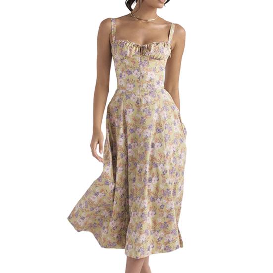 Ladies Dress Low-cut Backless Sleeve Flower Print High Tight Waist High Split Summer Midi Dress Party Prom Beach Dress