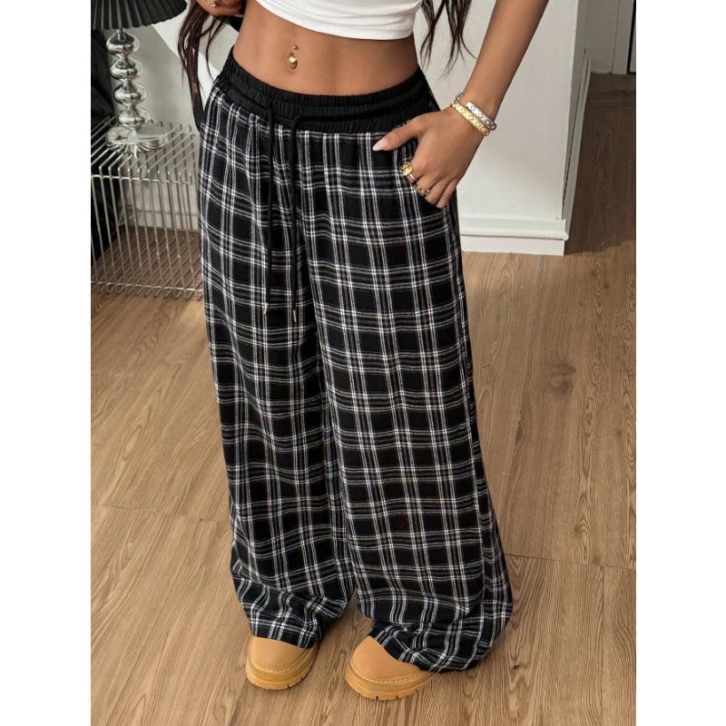 Loose Lazy Straight Leg Plaid High Waist Casual Sports Pants