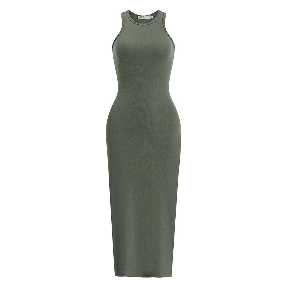 Women's Round Neck Sleeveless Maxi Dress Slim High Waist Solid Ribbed Bodycon Mermaid Tank Summer Dress