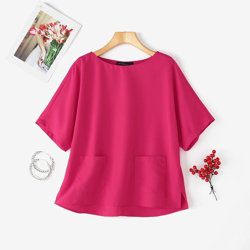 

ZANZEA Women Casual Round Neck Loose Short Sleeve Solid Blouse M темно-розовый