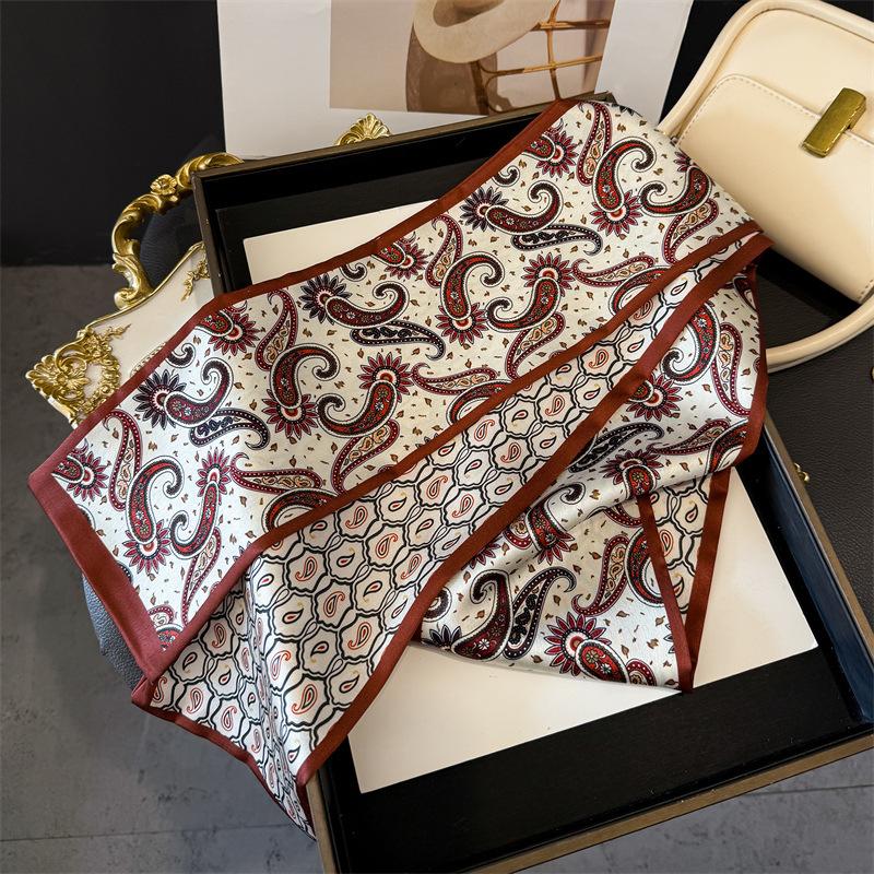 

New Women Satin Paisley Printed Design Scarf Shawl Fashion Luxury Long Narrow Small Scarves Ladies Headband Headscarf 145x12CM