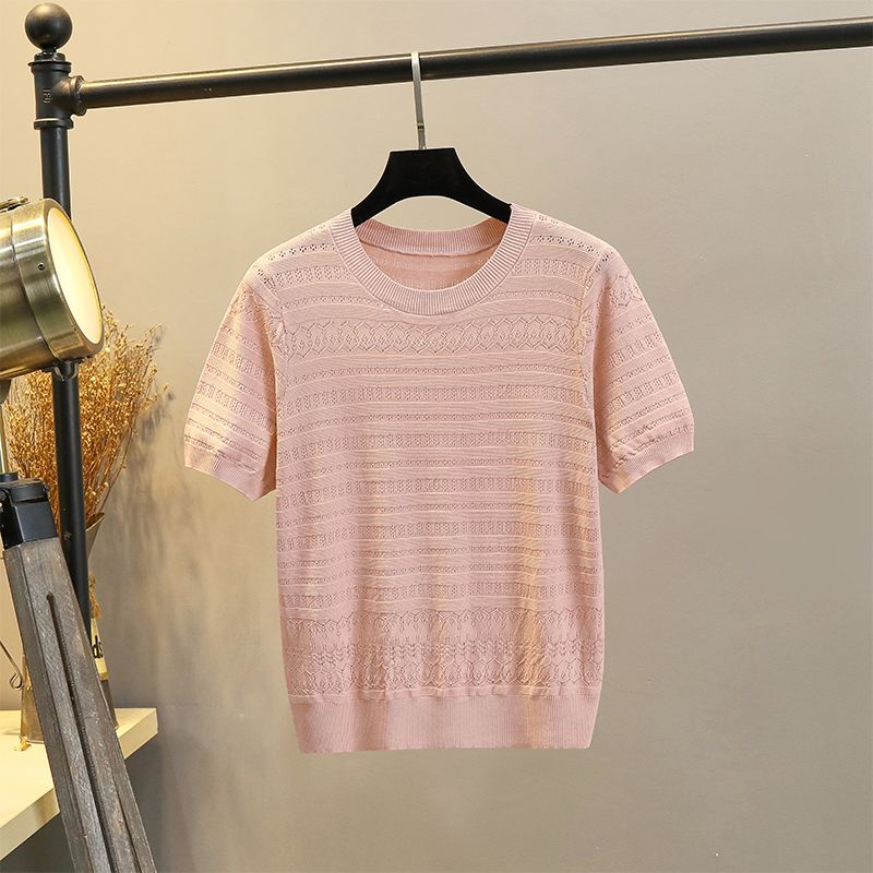 

Классная футболка с коротким рукавом из ледяного шелка, женская летняя тонкая, новинка 2025 года, вязаный трикотаж, модные ажурные топы, легко сочетается, стройнит Pink M