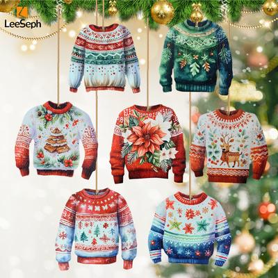 Leeseph 6pcs Ugly Sweater Wooden Ornaments, Winter Sweater Hanging Ornament with Lanyard for Christmas Party Decorations