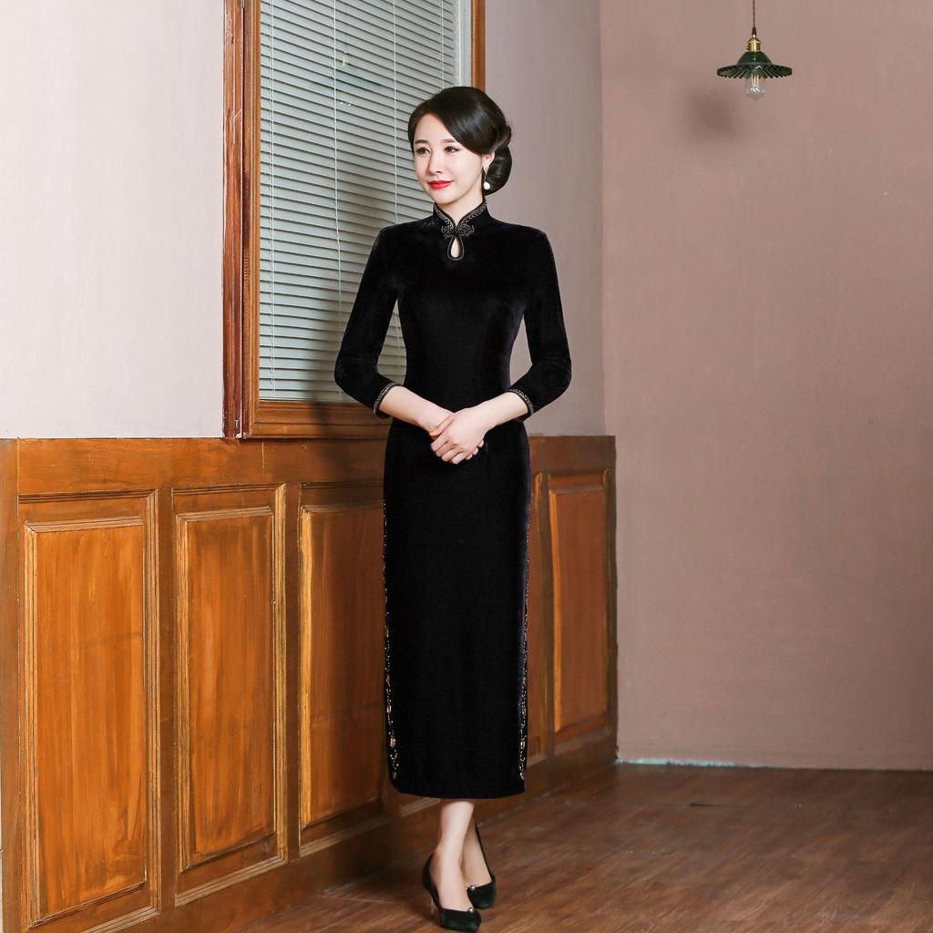 Brand Velvet Plus Size Cheongsam Evening Dress for Middle-Aged Women - Wedding & Banquet