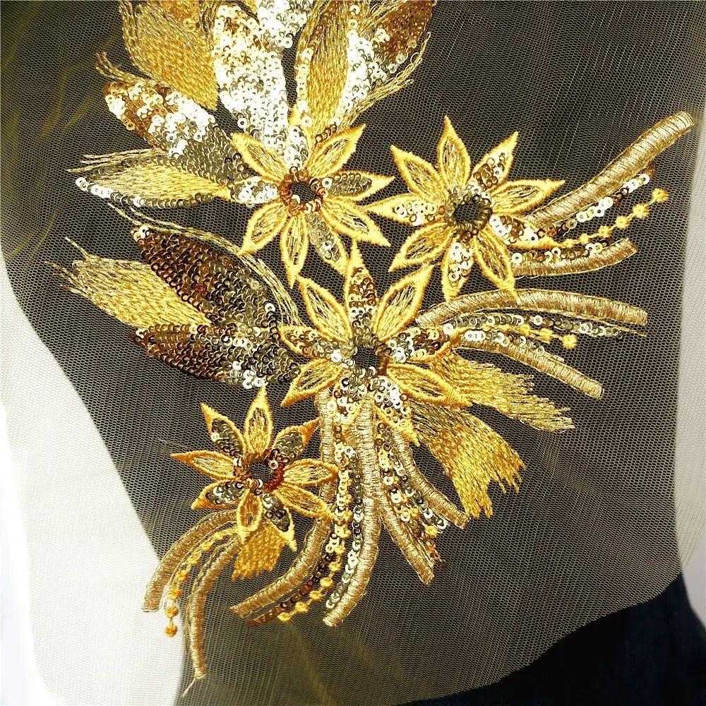 Blue Black Gold Sequined Embroidery Patches Lace Trims Mesh DIY Embroidered Floral Patches Lace Fabrics Applique