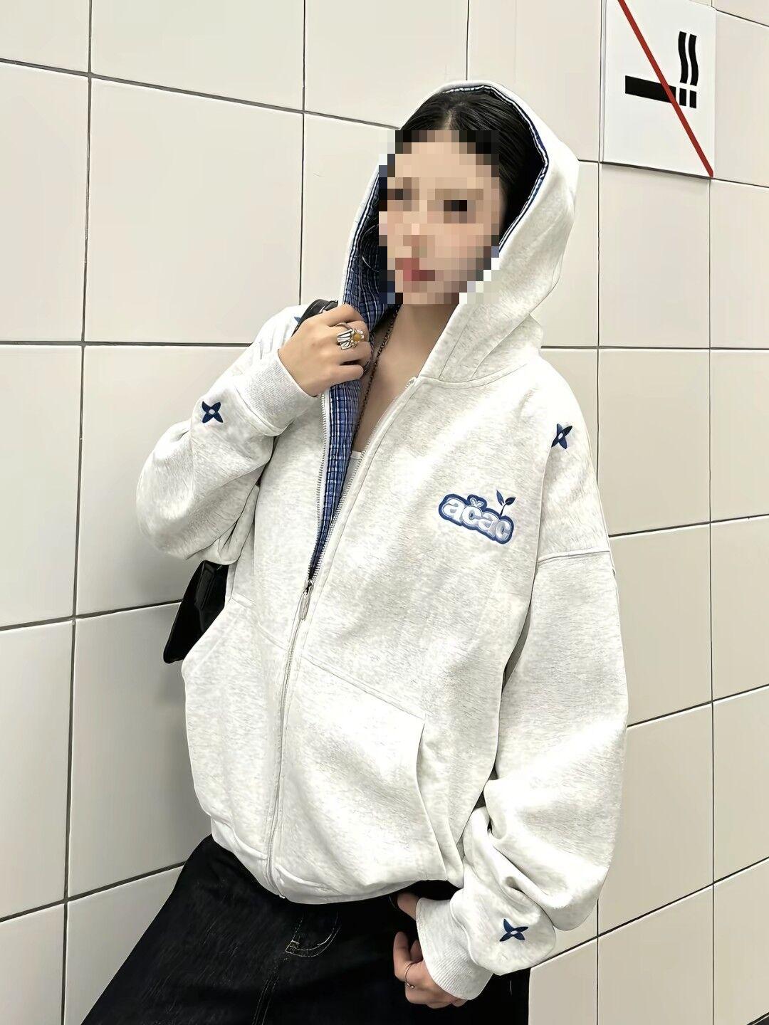 Cotton Blend Blue Plaid Hooded Zip-Up Jacket - 2025 Women s Designer Collection Extra Large