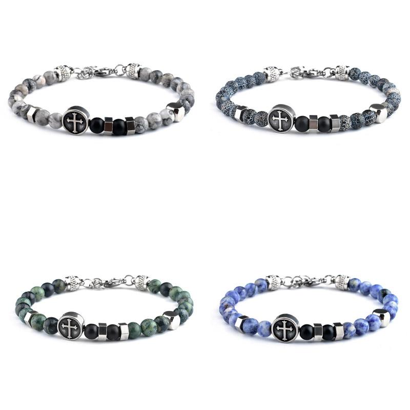 Verstellbares Edelstahl Kreuzarmband für Männer, nicht verblassend und hypoallergen, natürlicher Karten-Sodalith-Stein Armband, Geschenk für ihn