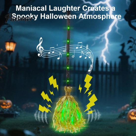 Strašidelná dekorácia na verandu 35-palcová pohyblivá elektrická metla čarodejnice, Interaktívna rozsvietiaca metla Rekvizita Halloweenska párty so zvukovým a pohybovým senzorom, Žiarivo zelená