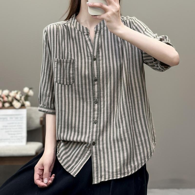 Commuting Striped Cotton Yarn Shirt Women's Summer Artistic Casual Versatile Five Quarter Sleeve V-neck Slimming Top Blouses & Shirts