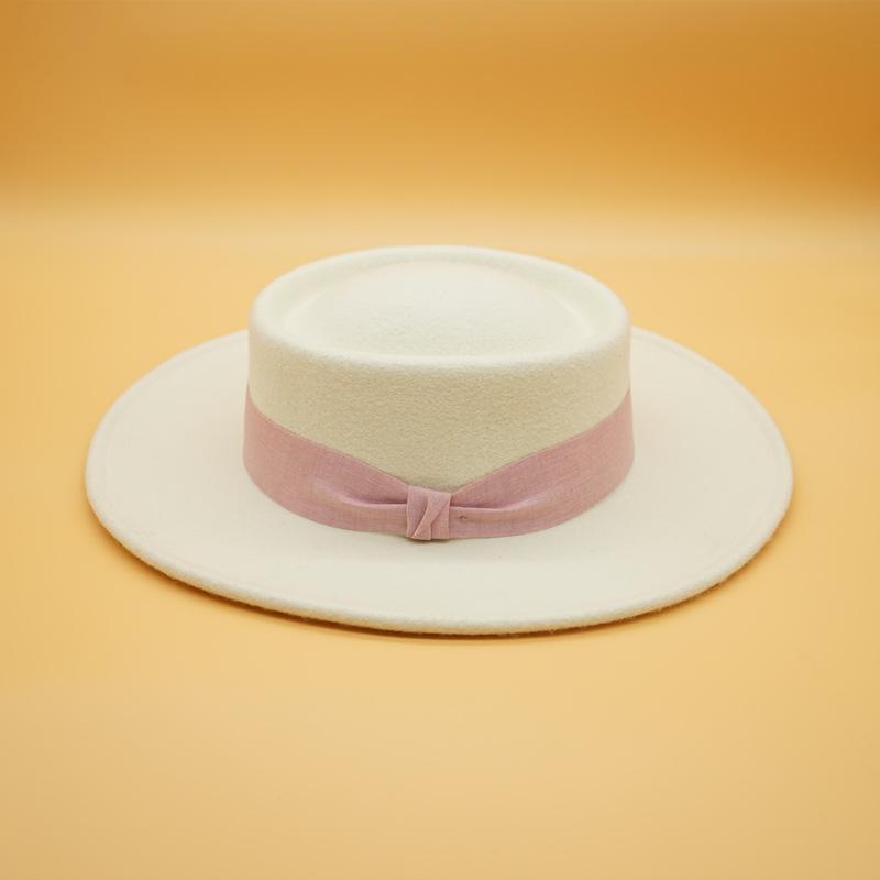 French Retro Simple White Woolen Flat Top Panama Top Hat Female Autumn And Winter British Celebrity Felt Elegant Hat