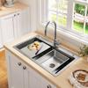 75x45cm Stainless Steel Sink with Cutting Board, Inner Basin and Strainer Basket, PVD-Coated, Waterfall Drain, Low-Noise, 3 Faucet Holes