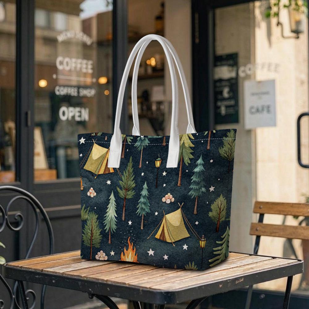 Cute Camping Pattern Tote Bag for Daily Outdoor Shopping Portable Casual Carryall Lightweight Sturdy Women Handbag