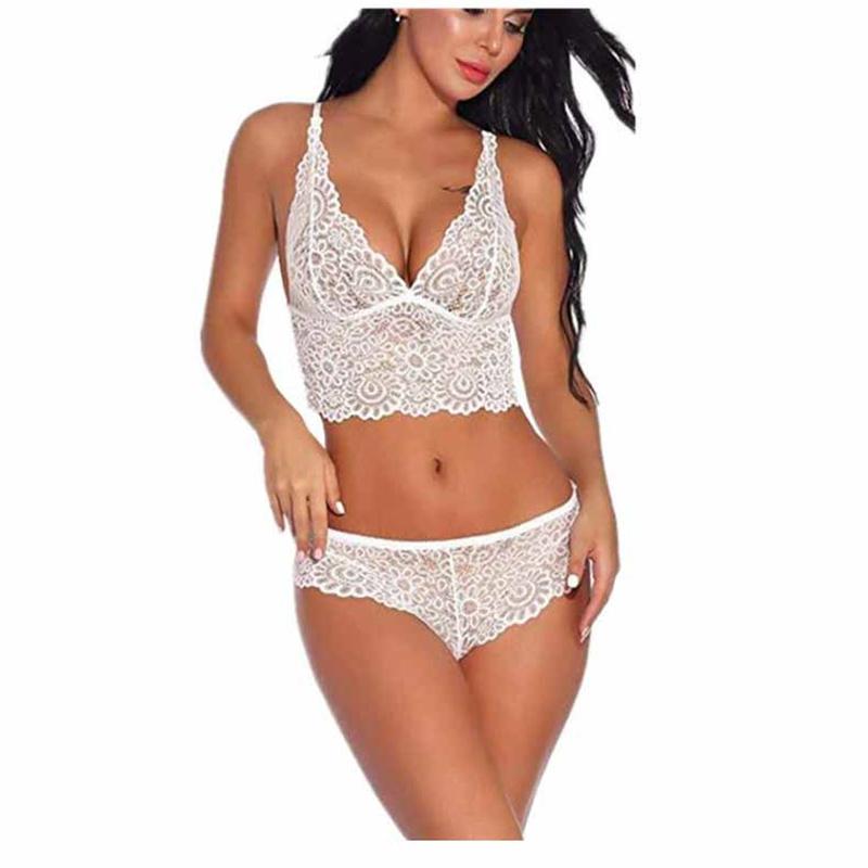 Conjunto de Sujetador de Encaje con Escote en V Profundo de Verano y Braguita - Lencería Sexy Bralette Ropa Interior para Mujer