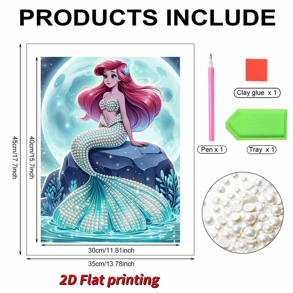 Gentle Pearl-Inlaid Little Mermaid Frameless Art | Moonlit Sea Rock Bg, Handmade 3D Pearl Craft, Ideal for Creamy, Ocean Home Decor